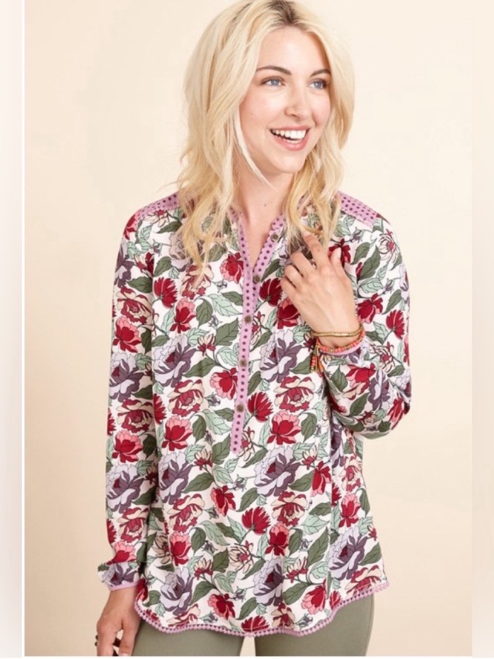 Matilda Jane Floral Rayon Tunic Blouse Purple Polka Dot Trim Large